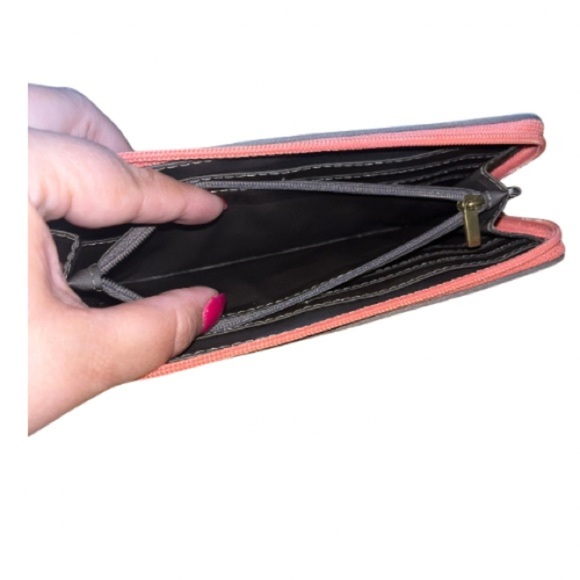 Fossil Owl Print Peach Zip Around Closure, Long Wallet with Keyring, Gray Trim - Picture 9 of 11